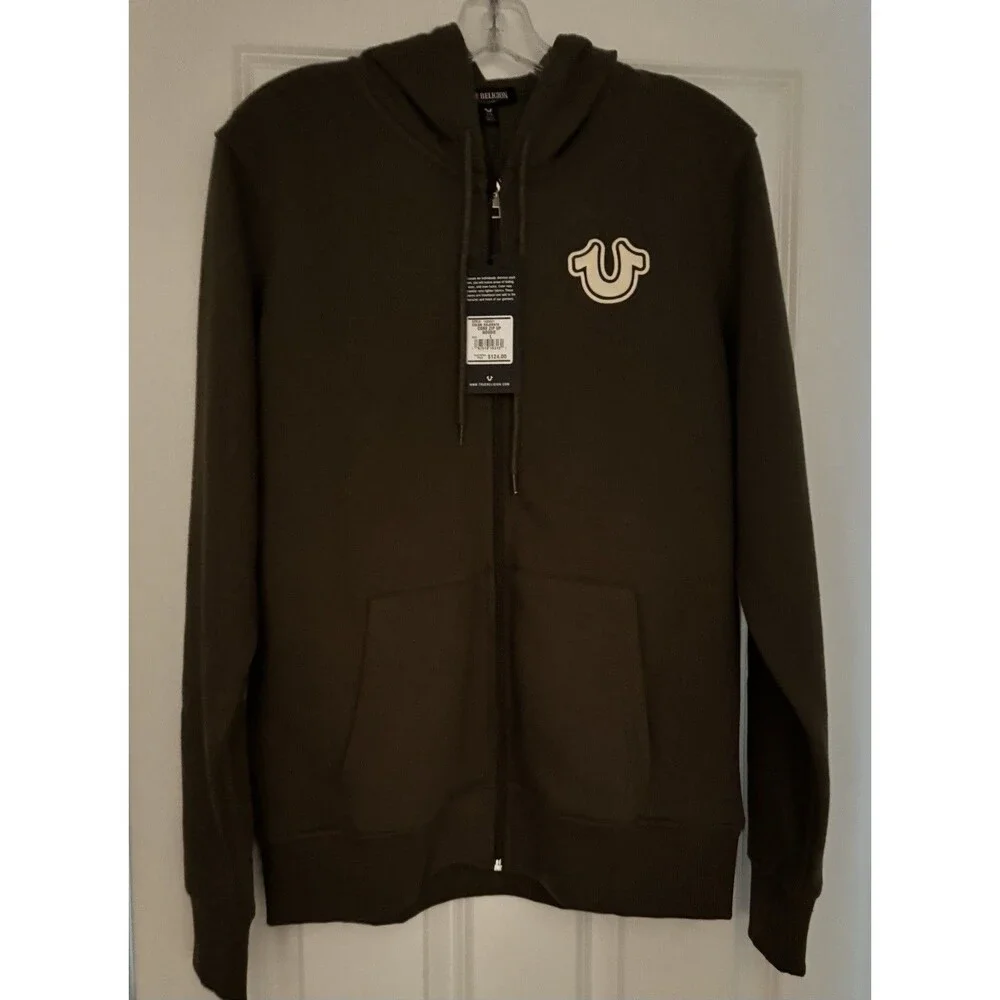 True Religion Buddha Logo  Zip Up Hoodie Olive Sweatshirt Men's Size Large New